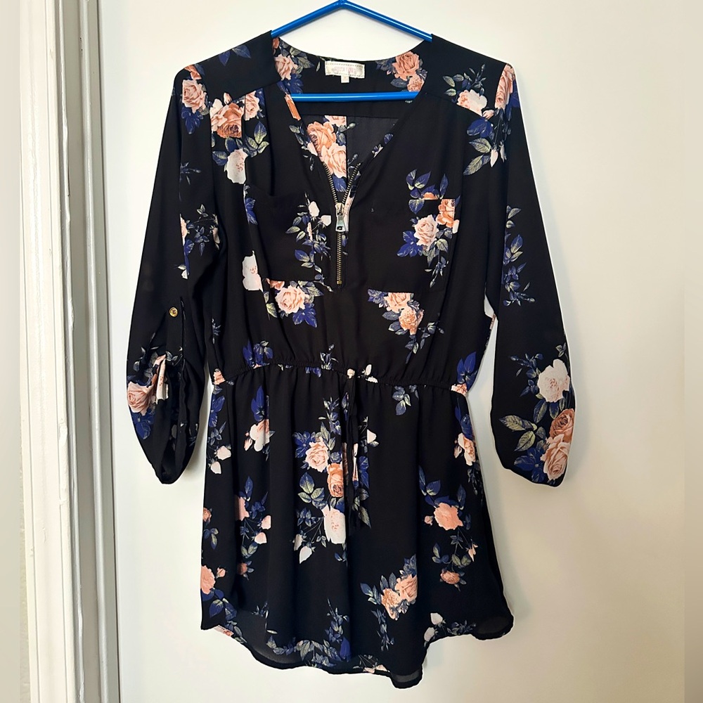 Beautiful stylish black with blue and pink flower print long blouse